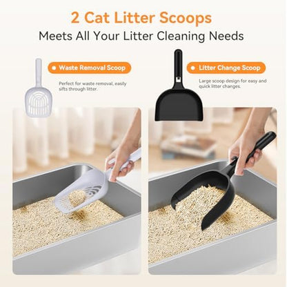 2 Pack Stainless Steel Large High Sides Cat Litter Box with Scoop, Easy Clean Smell Proof XL Metal Litterbox, Black