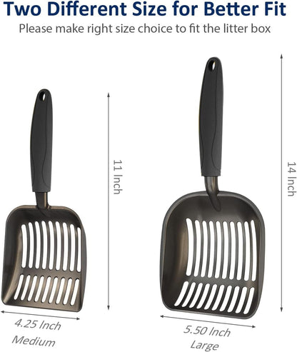Cat Litter Scoop, Non-Stick Plated Aluminum Alloy Sifter, Kitty Durable Metal Scooper, Deep Shovel, Long Handle, Kitten Pooper Lifter, Size Large, Coated Black Body with Black Handle